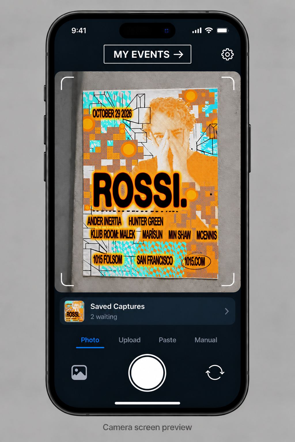 GoMaybe camera home screen concept with the Rossi. flyer for October 29, 2026 at 1015 Folsom in San Francisco.