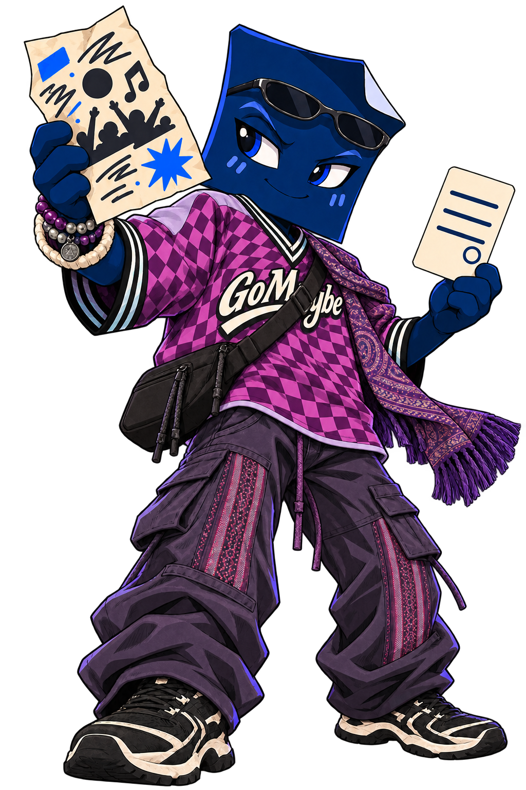 JAX in a purple GoMaybe jersey, holding a flyer and ticket.